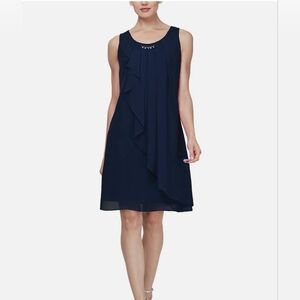 SLNY Women's Teal Tiered Chiffon Sleeveless Cocktail Dress Sz 12 Navy Blue NWT